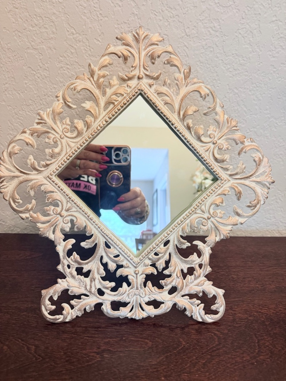 Vintage Victorian Style JM 52 Cast Iron Table Top Mirror Easel 14x13 Ivory Gold